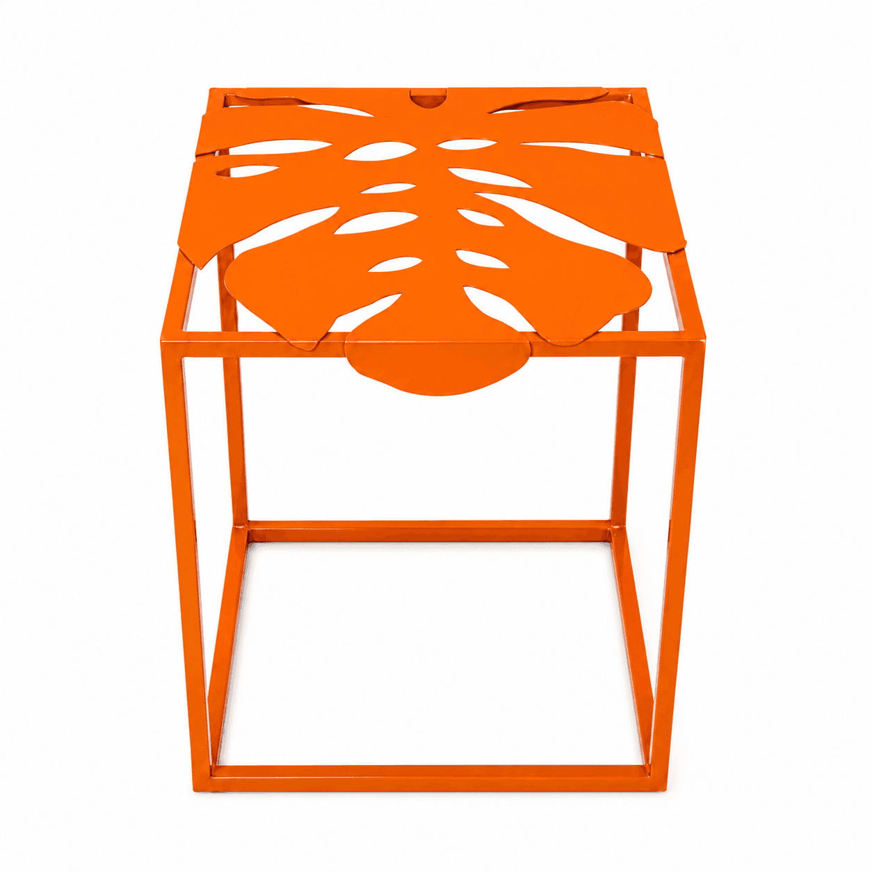 Iron Coffee Table with Laser-Cut Monstera Leaf Top 40x40cm - Orange